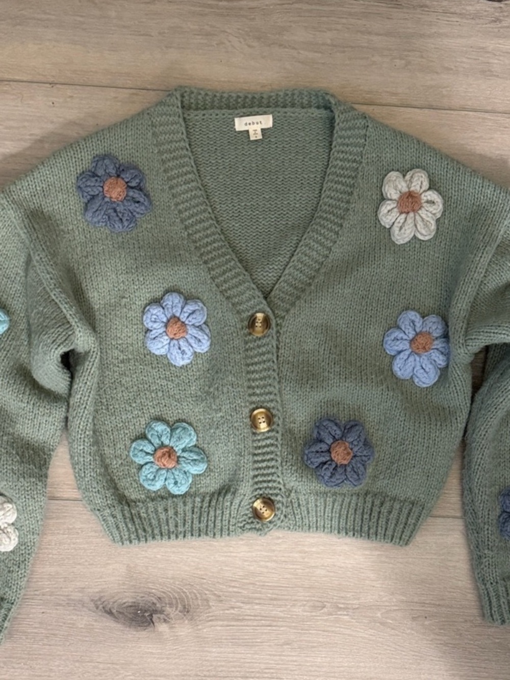 debut Sage Green Cropped Floral-Appliqué Cardigan